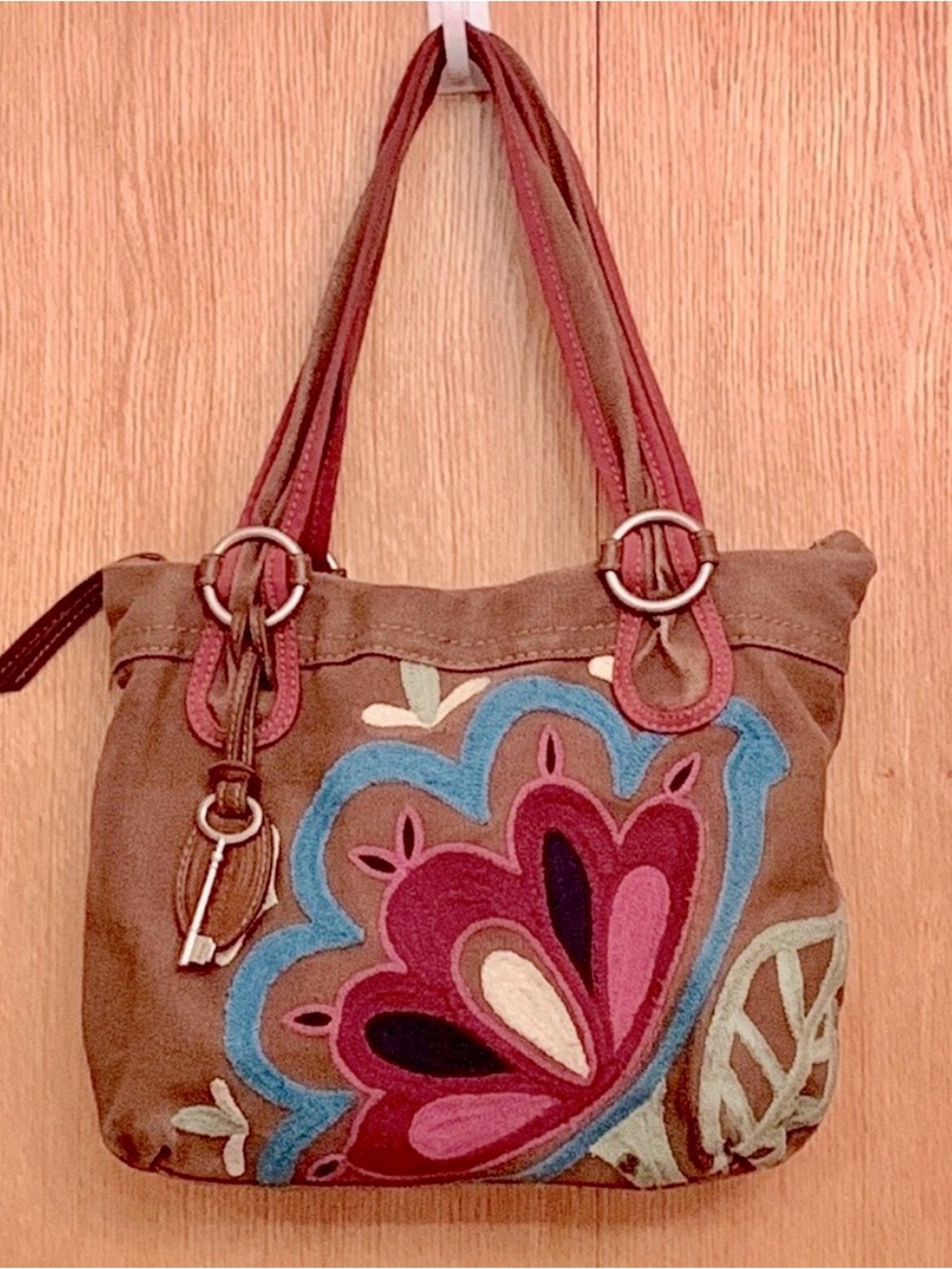 RARE Fossil Key brown canvas leather bohemian floral appliqué shoulder bag purse